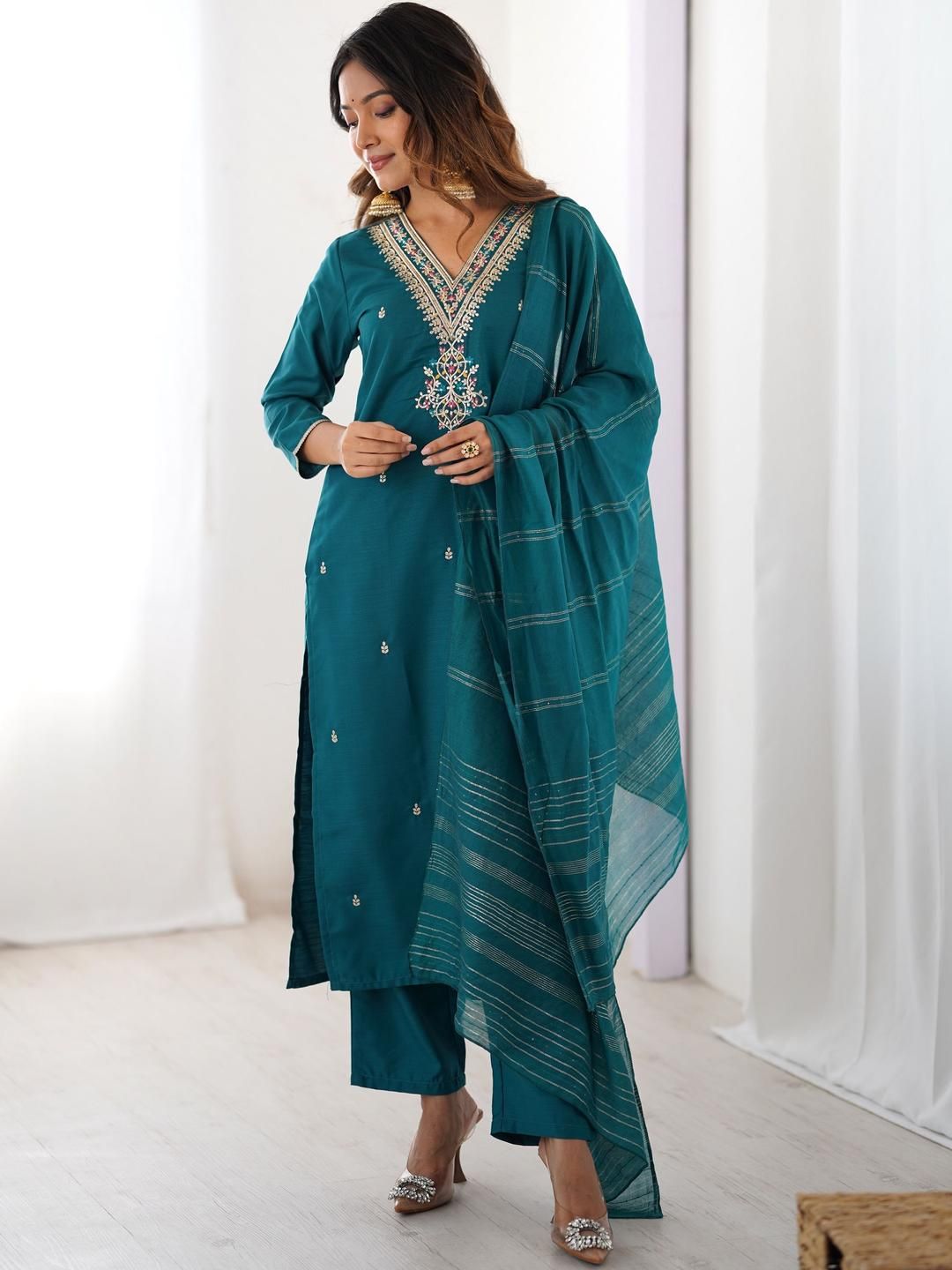 KALINI Women Floral Embroidered Regular Thread Work Kurta with Trousers & With Dupatta