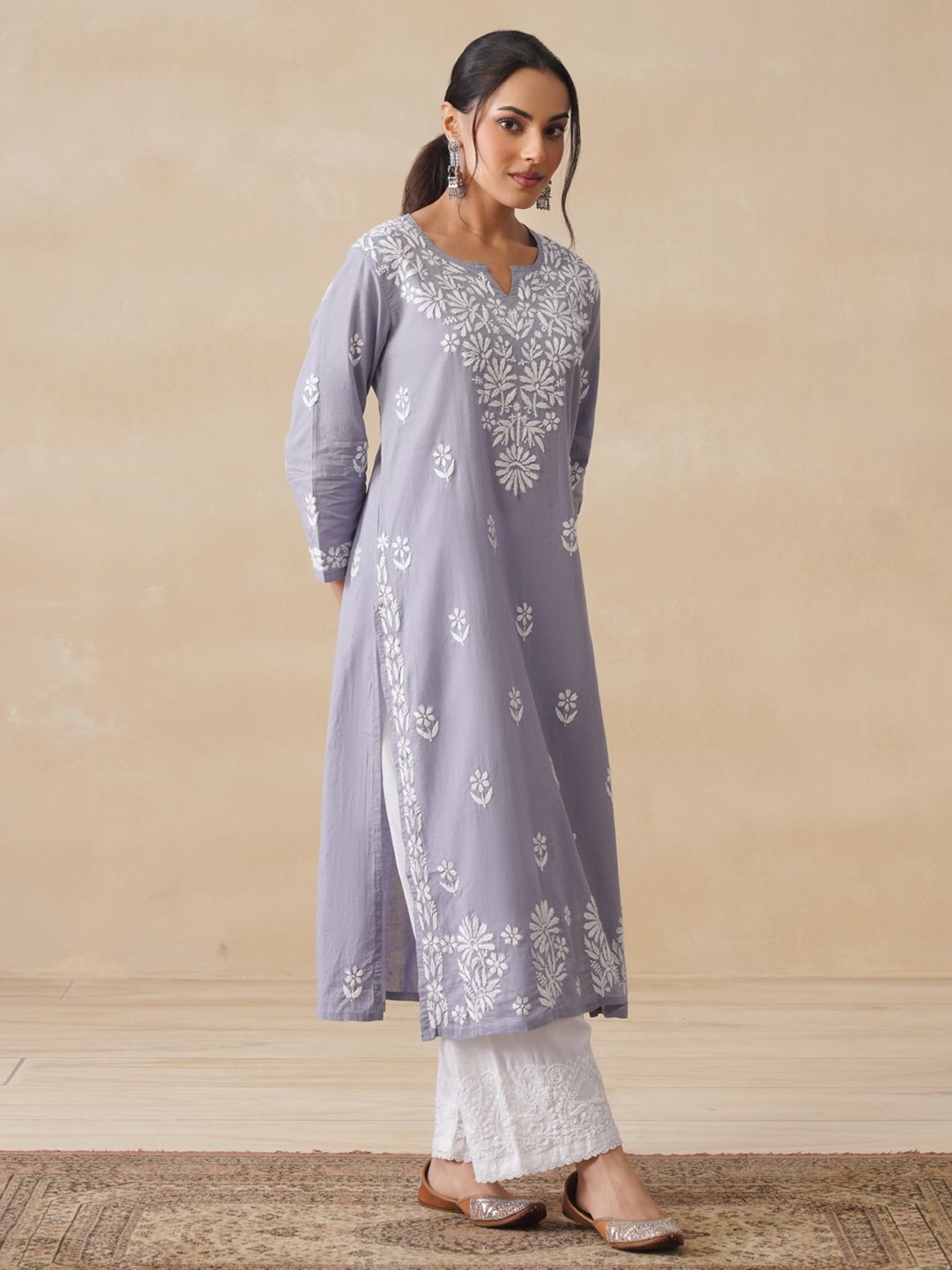 Rumah Wanita Chikankari Kapas Kelabu Chikankari Sulam Kurta