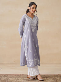 Rumah Wanita Chikankari Kapas Kelabu Chikankari Sulam Kurta