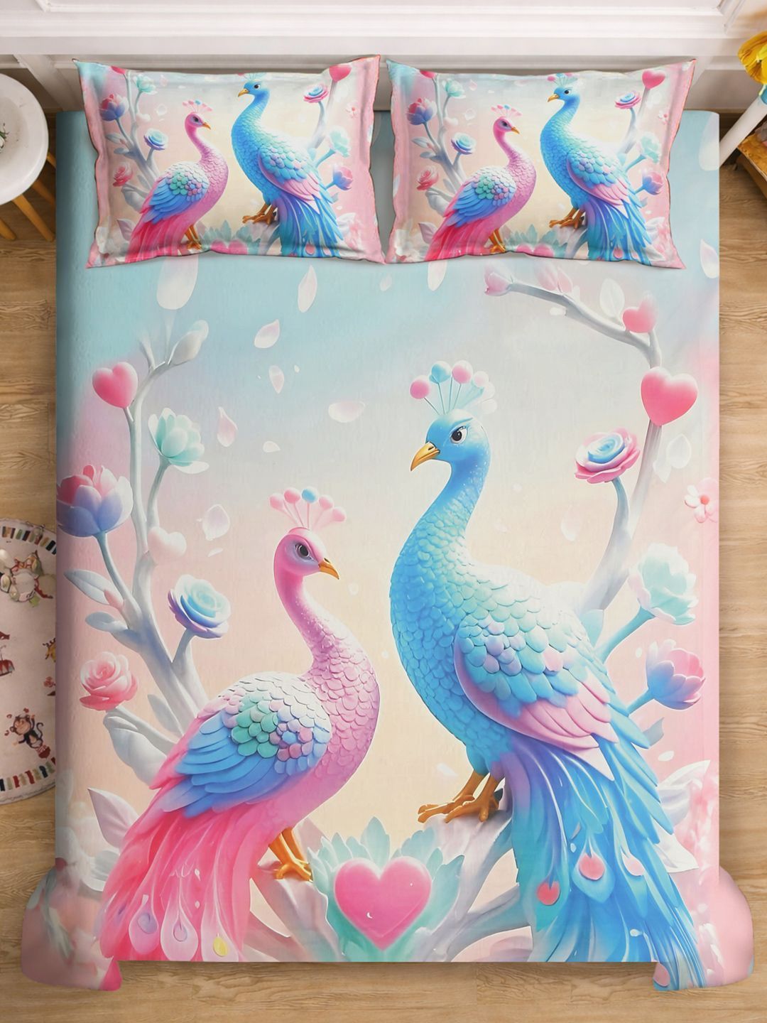 Blue Animal Cartoon Printed 7D 400 TC King Size Superfine Bedsheet With 2 Pillow Cover