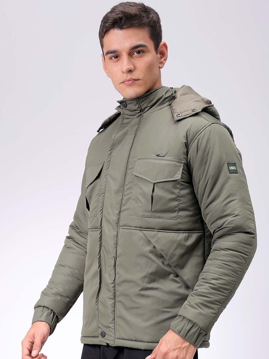 The Indian Garage Co Men Olive Solid Hooded Neck Padded Parka Jacket