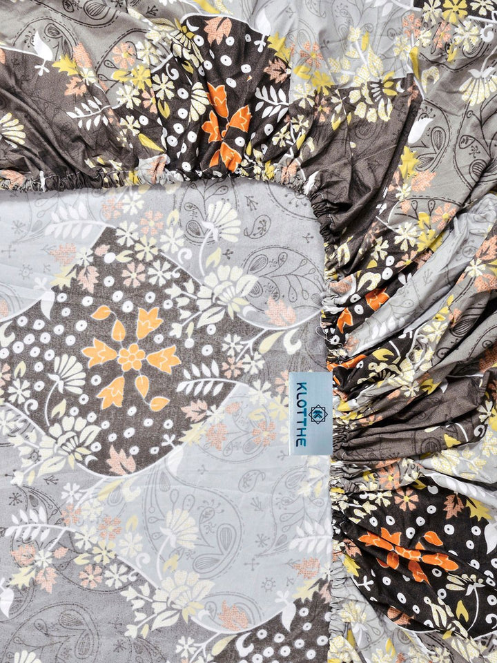 KLOTTHE Grey & White Printed 300 TC Double Bedsheet With 2 Pillow Covers- 2.5 m x 2.25 m