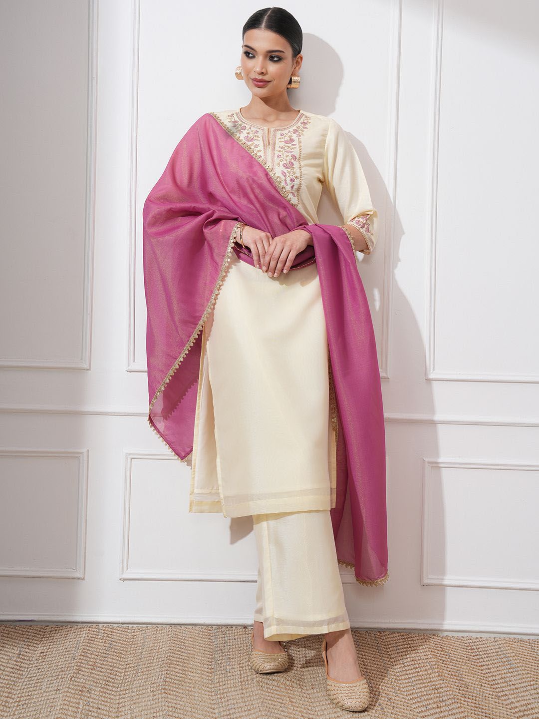Vishudh Women Ethnic Motifs Embroidered Regular Thread Work Kurta with Trousers & With Dupatta