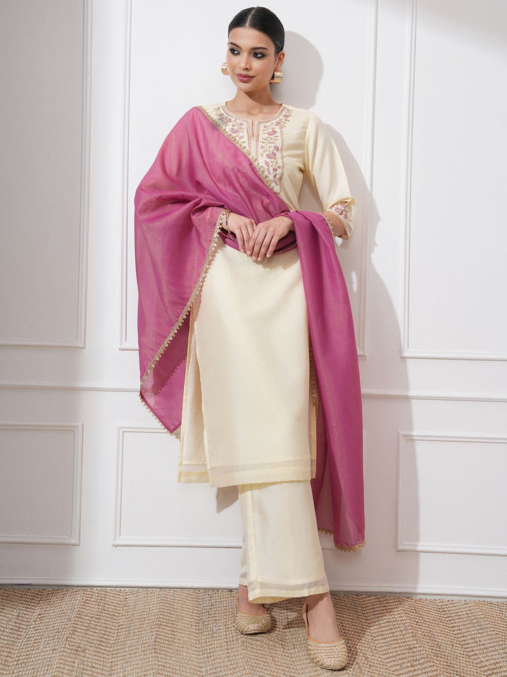 Vishudh Women Ethnic Motifs Embroidered Regular Thread Work Kurta with Trousers & With Dupatta