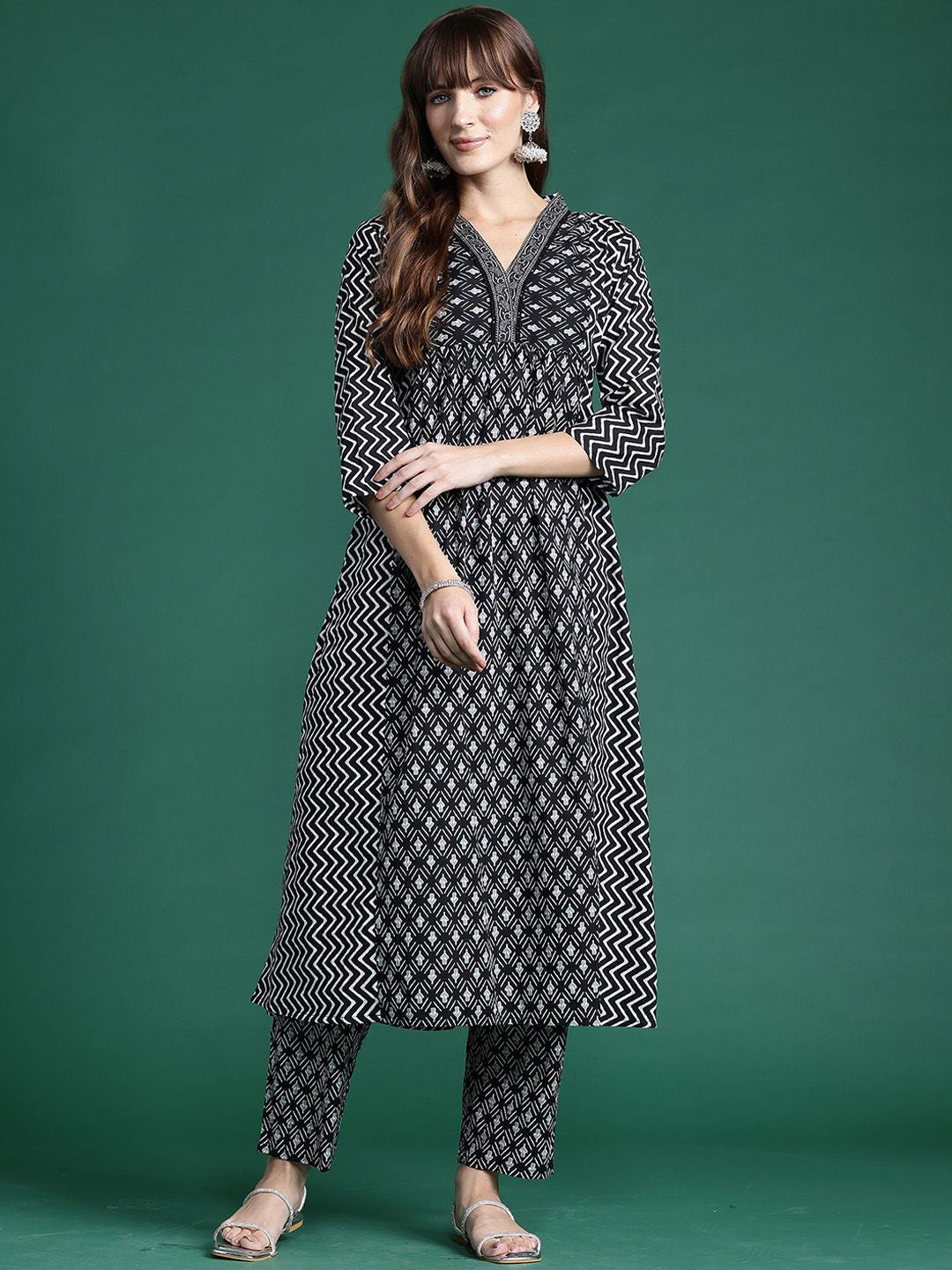 Indo Era Ethnic Motifs Printed A-Line Pure Cotton Kurta with Trousers