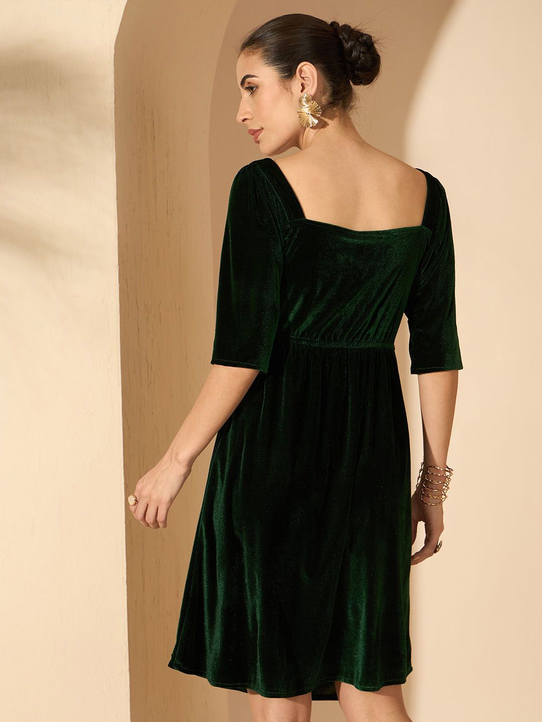 Antheaa Women Velvet embellished on the waist A-Line Dress