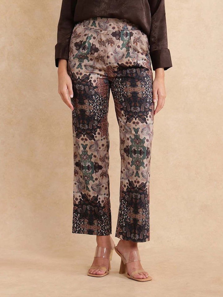 RAREISM Women Cotton Printed Comfort Straight Fit High-Rise Trousers