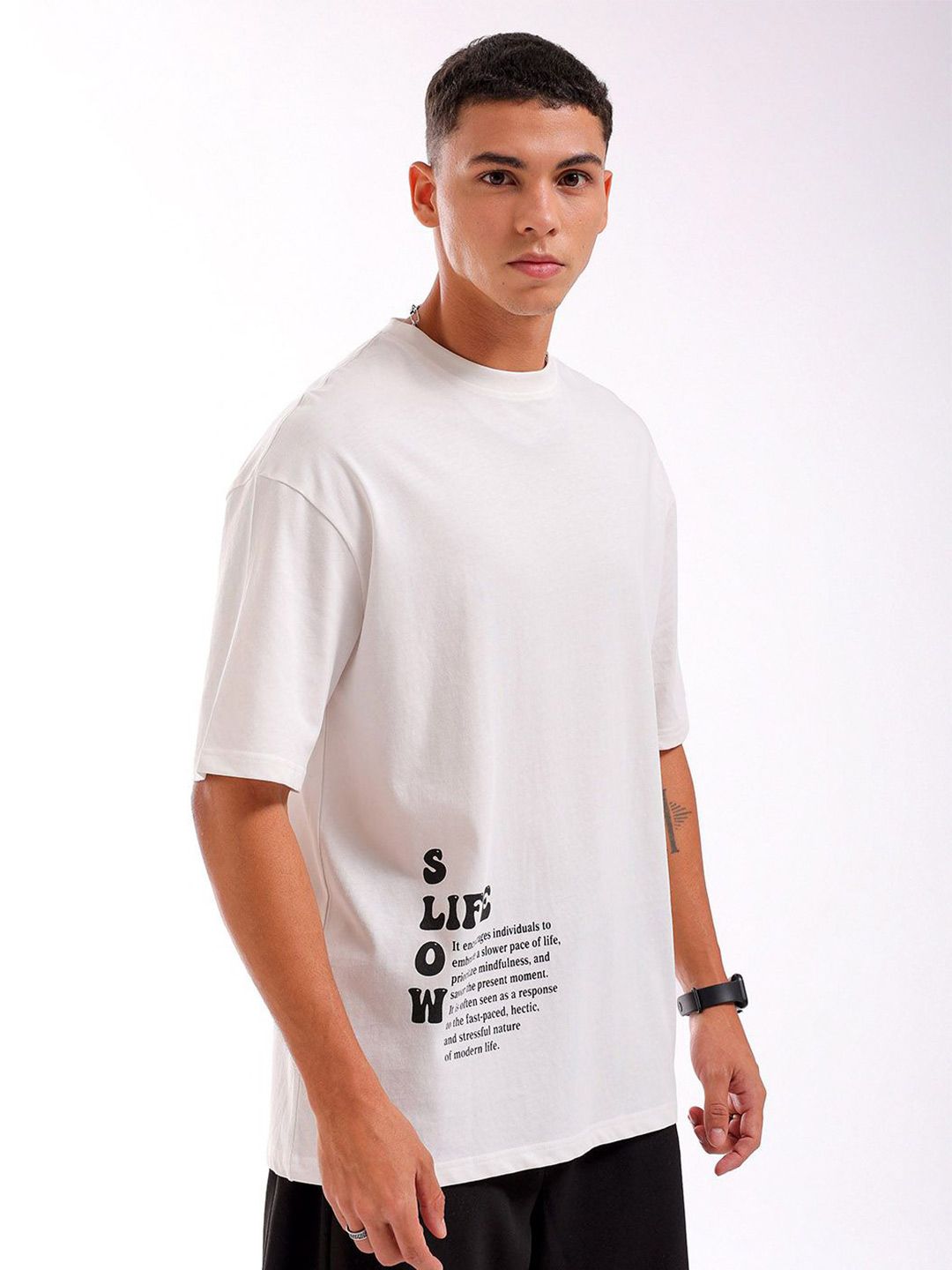 The Indian Garage Co Back Printed Pure Cotton Oversized Round Neck T-shirt