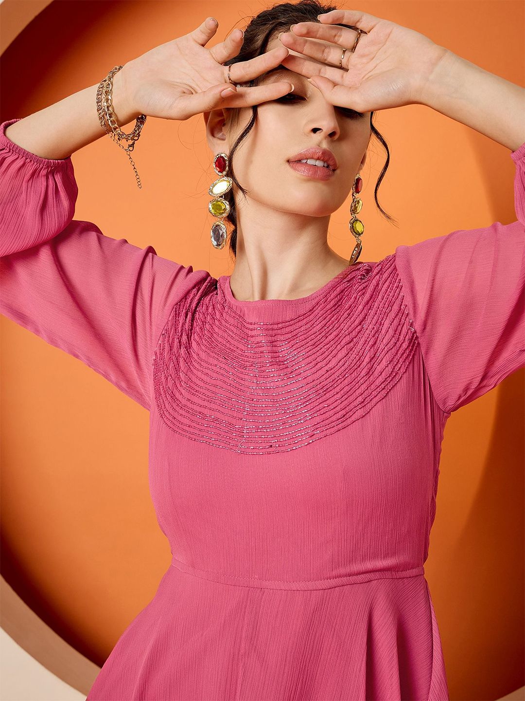 Antheaa Embellished Puff Sleeve Chiffon Fit & Flare Dress