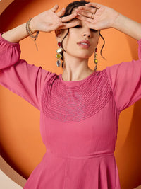 Antheaa Embellished Puff Sleeve Chiffon Fit & Flare Dress