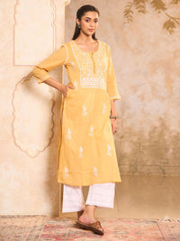 Rumah Wanita Chikankari Cotton Kuning Chikankari Sulam Kurta