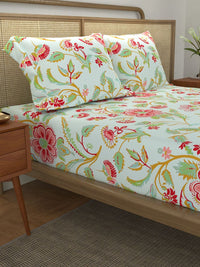URBAN SPACE Divine Blue Printed 144 TC Cotton Double Queen Bedsheet & 2 Pillow Covers