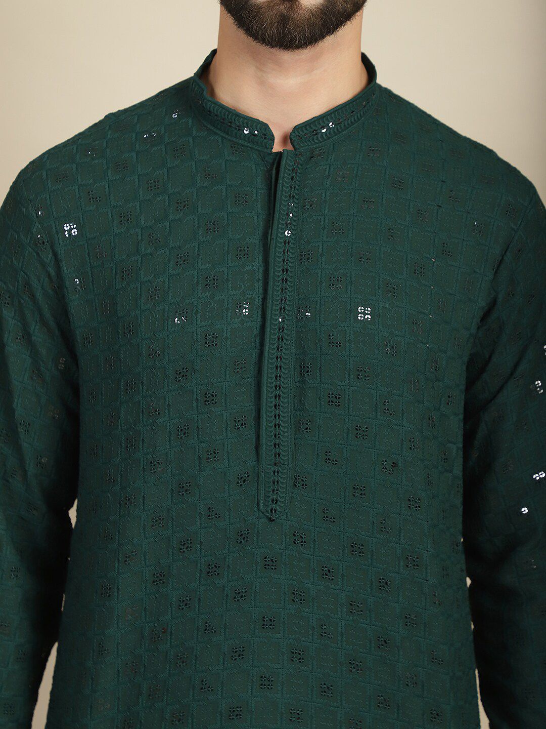 Anouk Green Geometric Sulam Kolar Mandarin Lengan Panjang Kurta Kapas Labuci