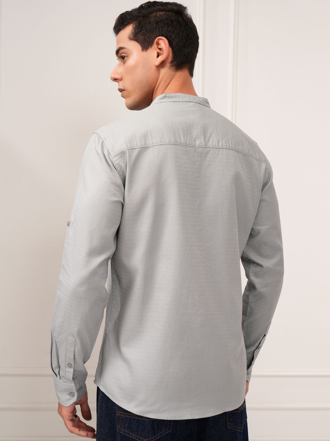 HIGHLANDER Men Dobby Textured Mandarin Collar Sleeve Roll Up Casual Shirt