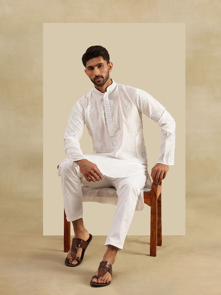 SOJANYA Floral Embroidered Mandarin Collar Mirror Work Cotton Silk Straight Kurta