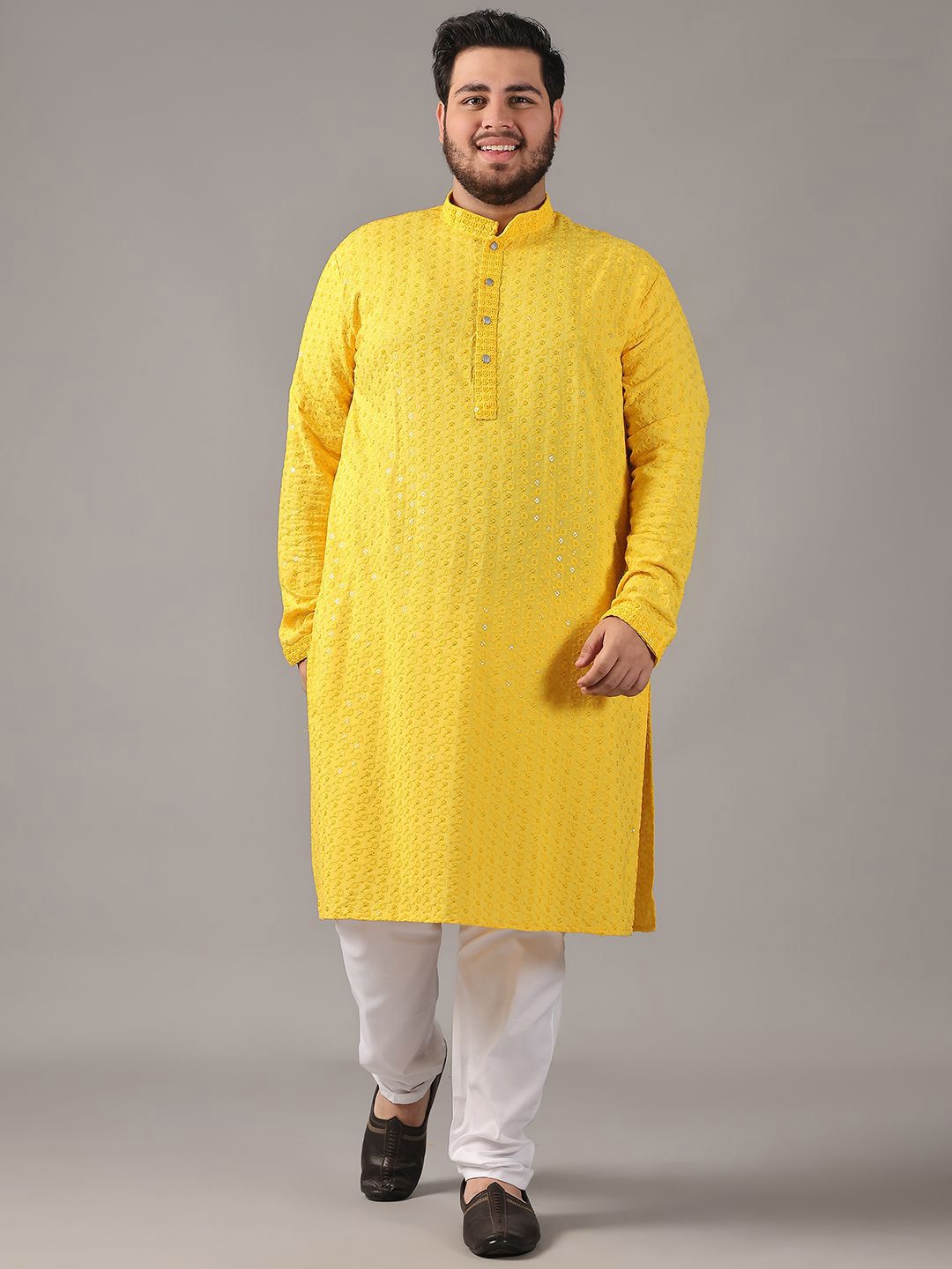 SOJANYA PLUS Plus Size Lelaki Motif Etnik Sulam Kapas Tulen Kurta Lurus & Piyama