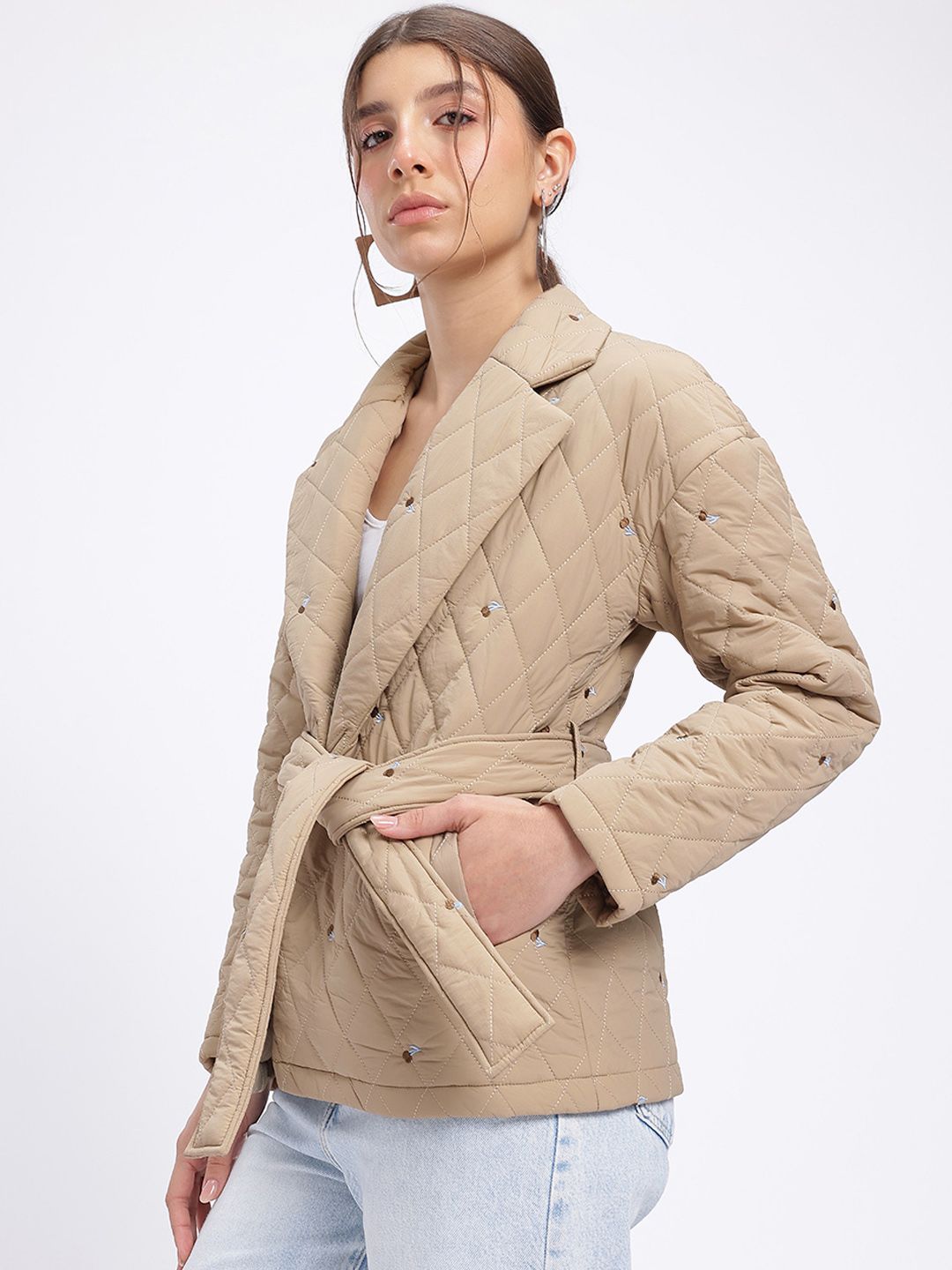DressBerry Urban Luxe Notched Lapel Tie-Up Waist Quilted Jacket