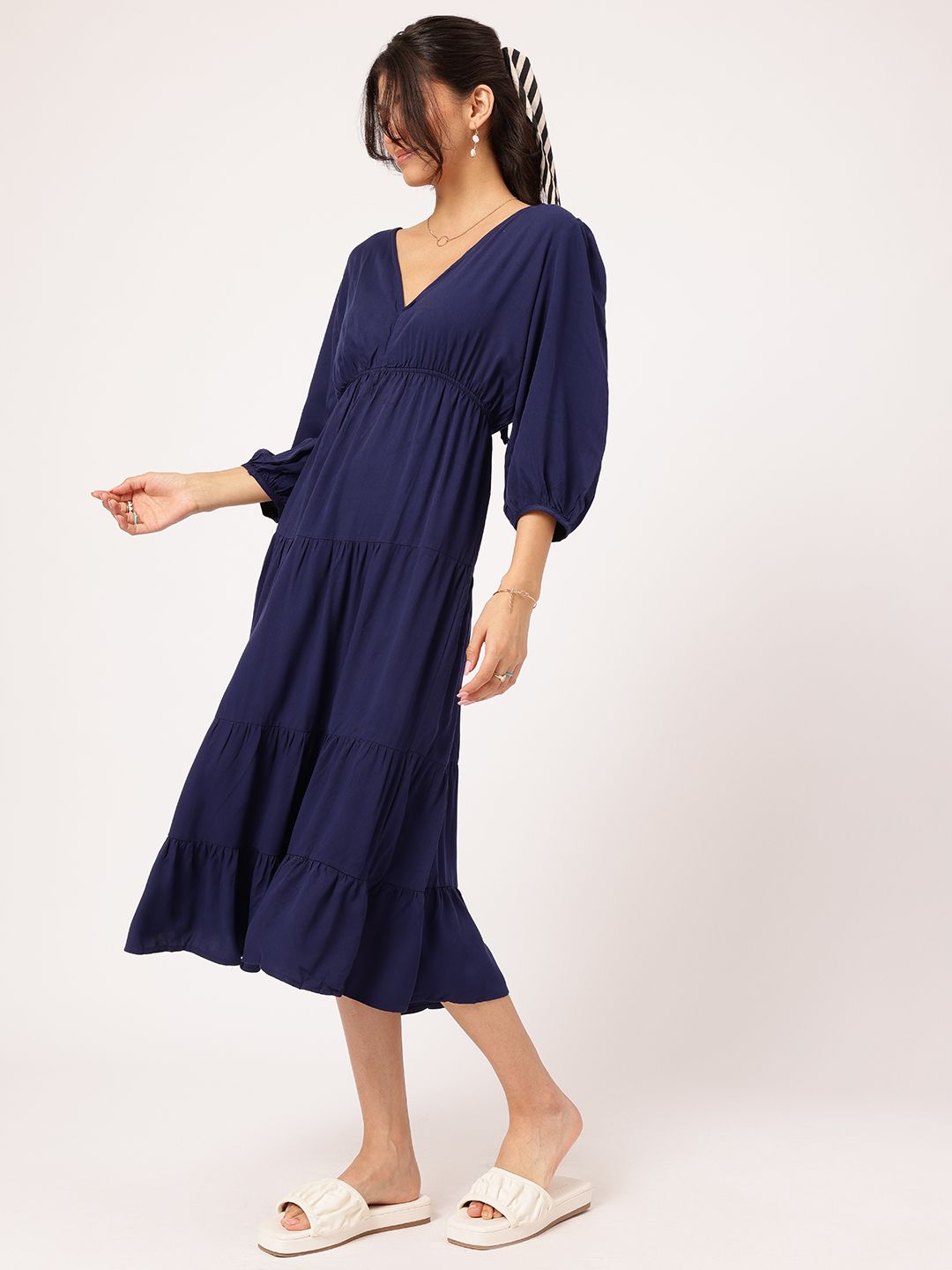 DressBerry Puff Sleeve Tie-Up Detail Sheath Midi Dress