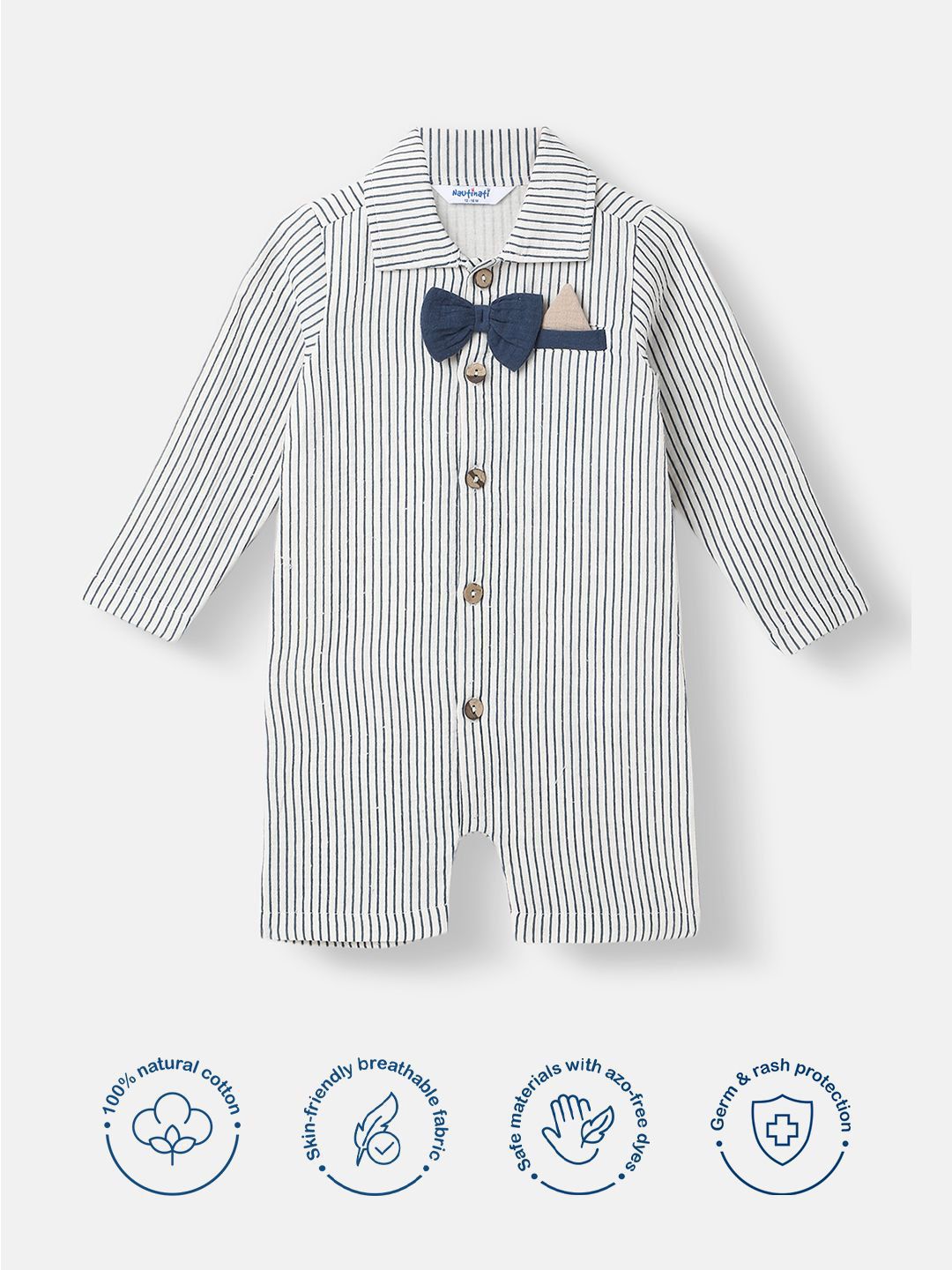 Nauti Nati Boys Striped Romper Bow At Placket Collar Neck Romper For 0-2 Years