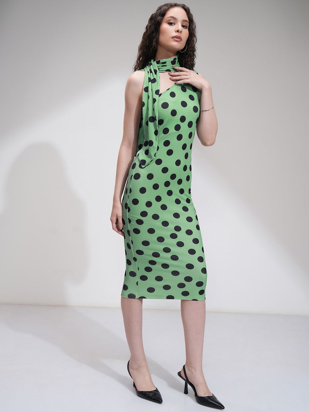Tokyo Talkies Women Polka Dot One Shoulder Rib Midi Dress