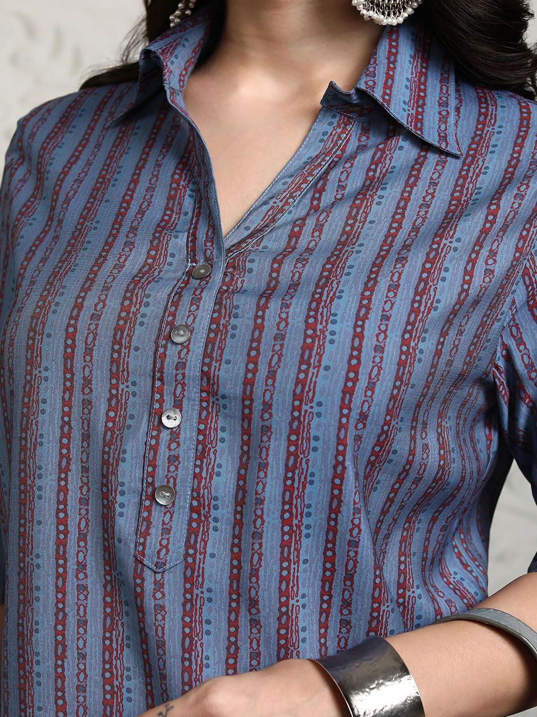 Vishudh Striped Shirt Collar Tunic With Trousers