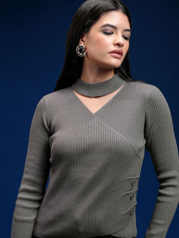 Tokyo Talkies Women V-Neck Long Sleeves Pullover
