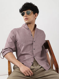 Urbano Fashion Men Purple Solid Linen Full Sleeve Relaxed Fit Mandarin Collar Casual Shirt