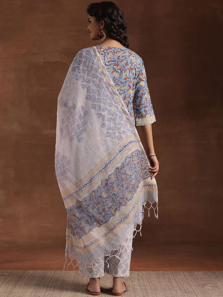 Libas Floral Printed Notch Neck Pure Cotton Straight Kurta with Palazzo & Dupatta