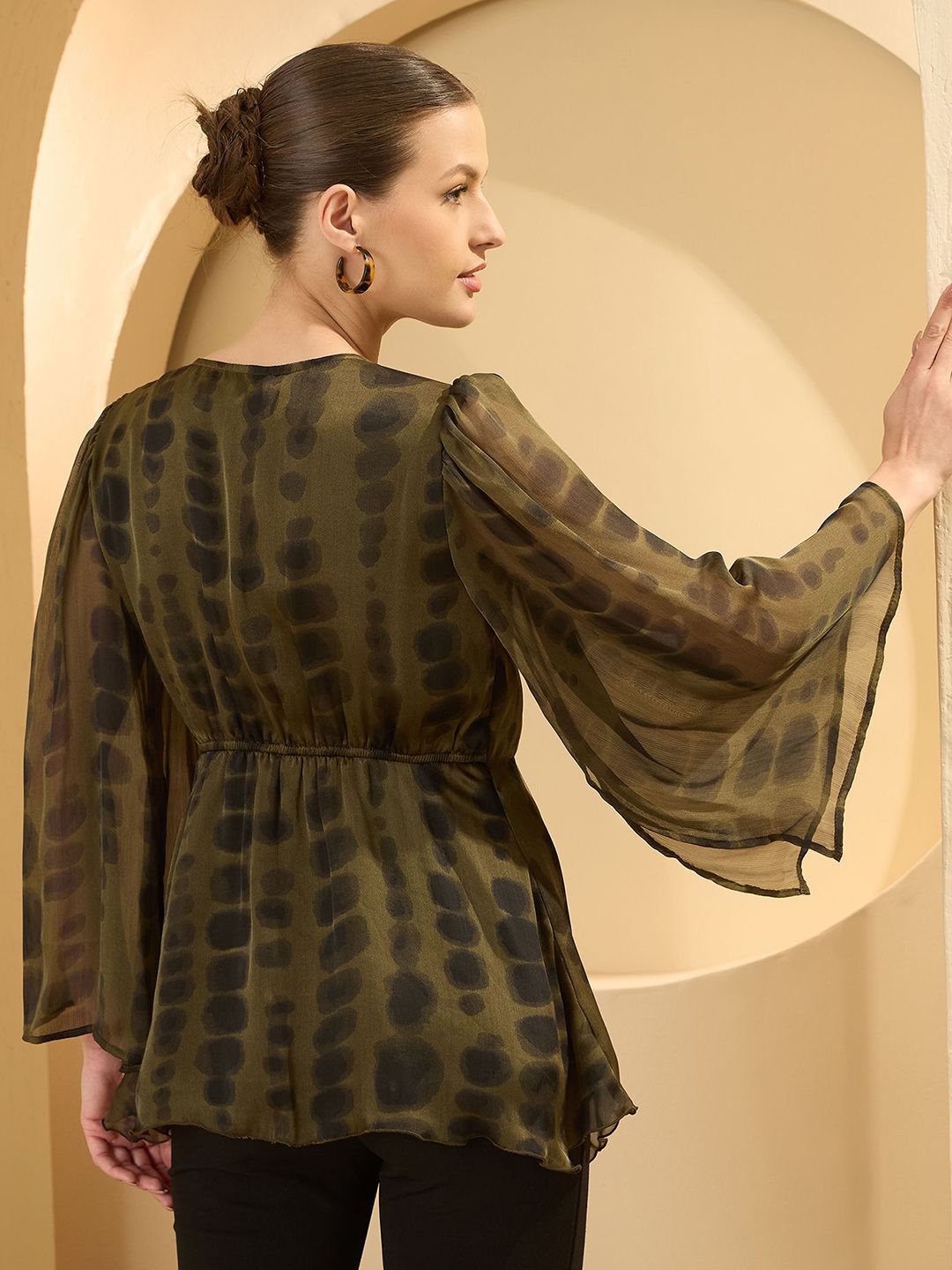 Antheaa Tie & Dye Flared Sleeves Satin Wrap Top with Asymmetric Hem