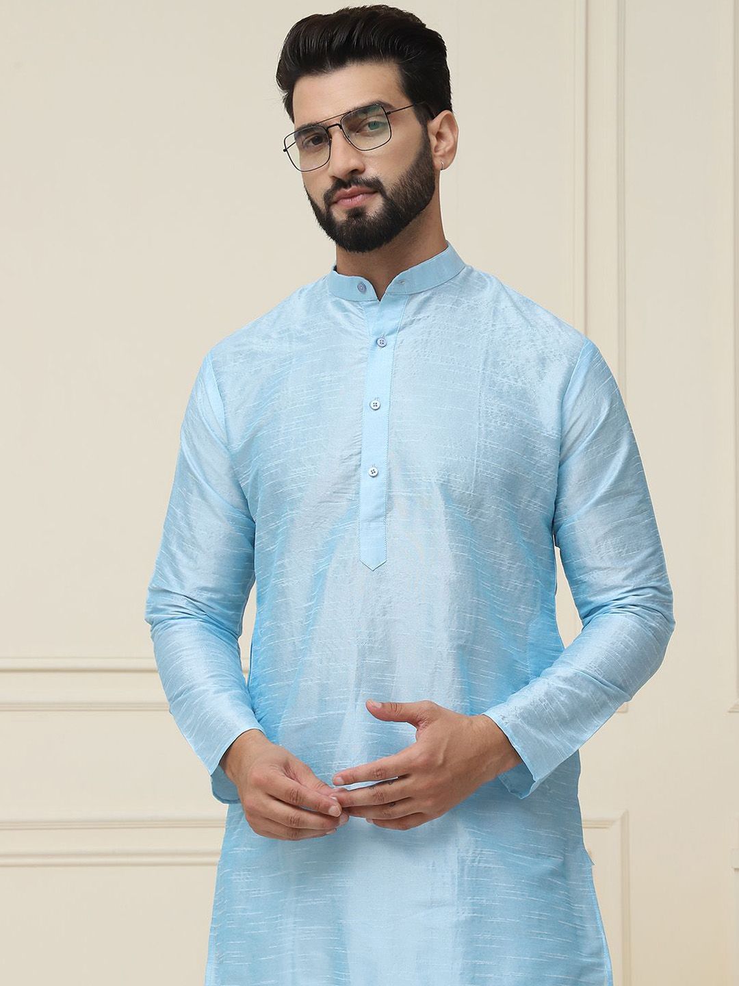 SOJANYA Mandarin Collar Silk Cotton Straight Kurta with Churidar