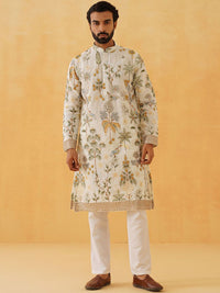SOJANYA LUXE Floral Sulam Benang Kerja Kurta Lurus Georgette Dengan Seluar