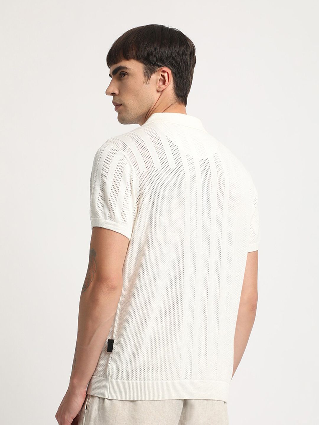 THE BEAR HOUSE Self Design Relaxed Fit Cotton Polo Collar T-shirt