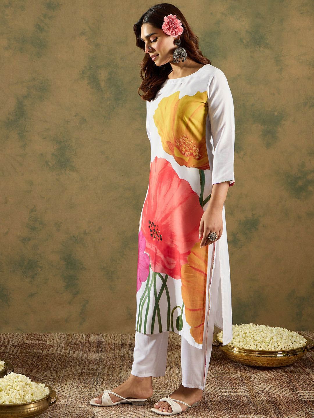 Indo Era Floral Straight Printed Kurta with Trousers