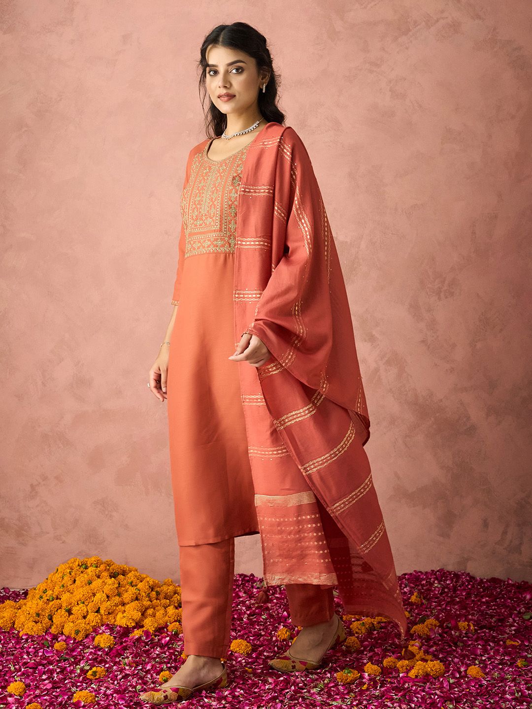 KALINI Ethnic Motifs Yoke Design Sequinned Kurta with Trousers & Dupatta