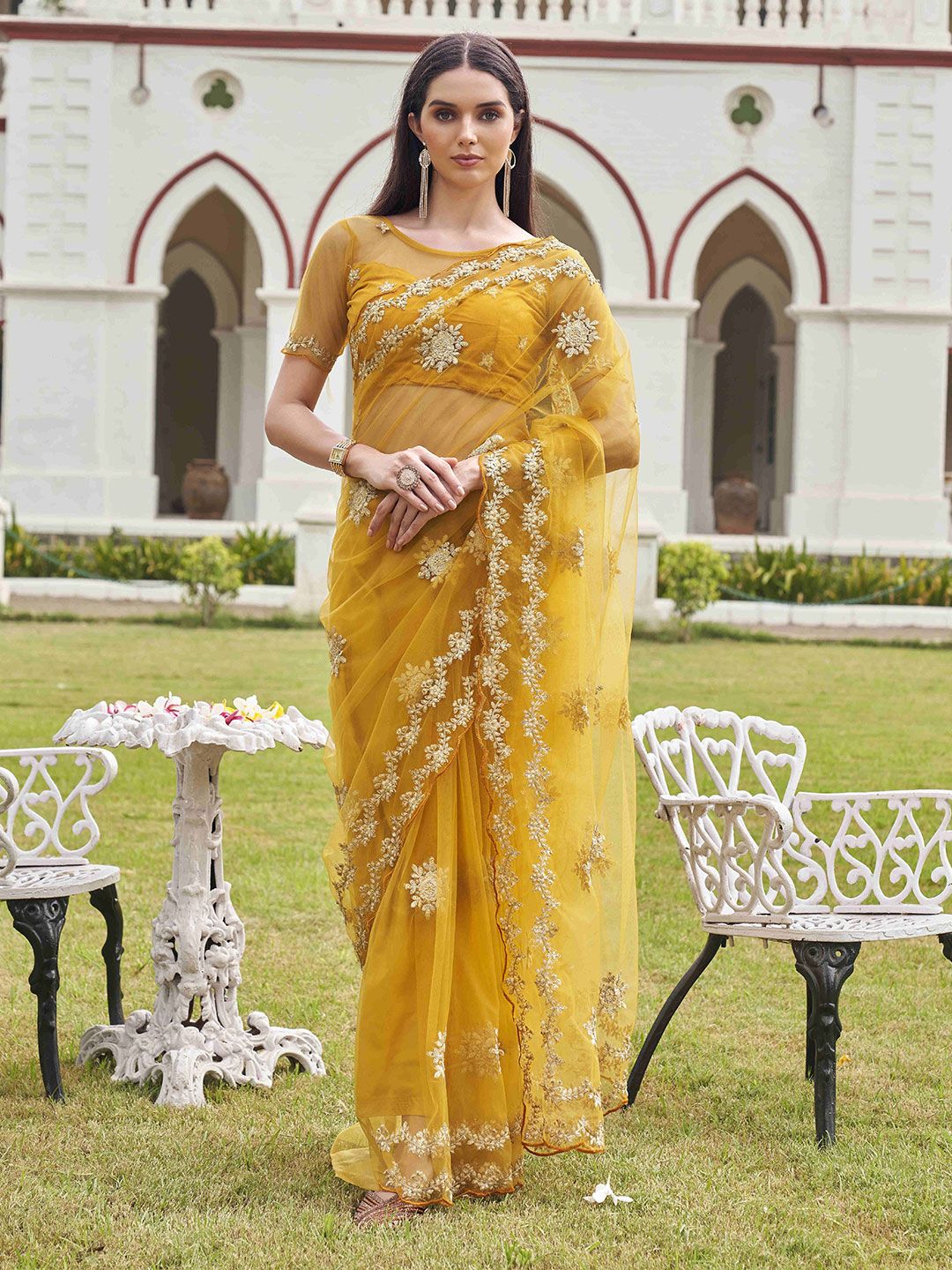 Tikhi Imli Embellished Embroidered Net Saree