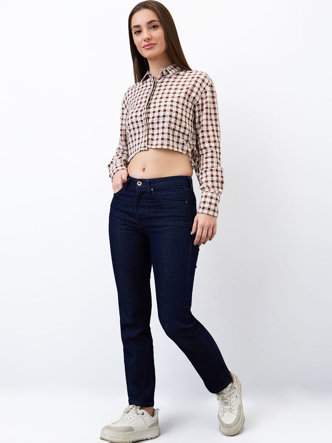 SPYKAR Women Regular Fit Spread Collar Gingham Checked Cotton Crop Shirt