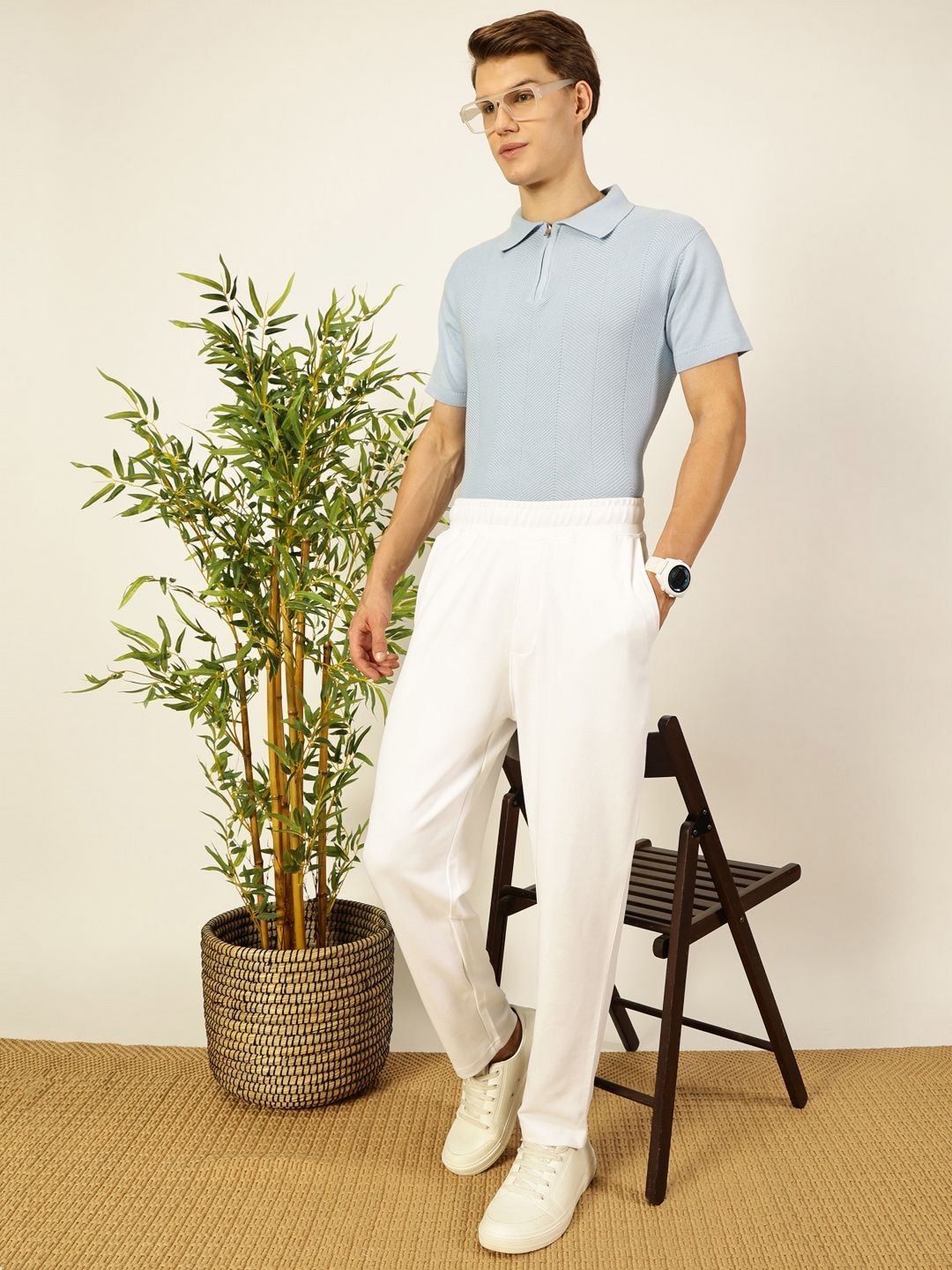 Thomas Scott Men Bio Finish Self Design Polo Collar Pure Cotton T-shirt