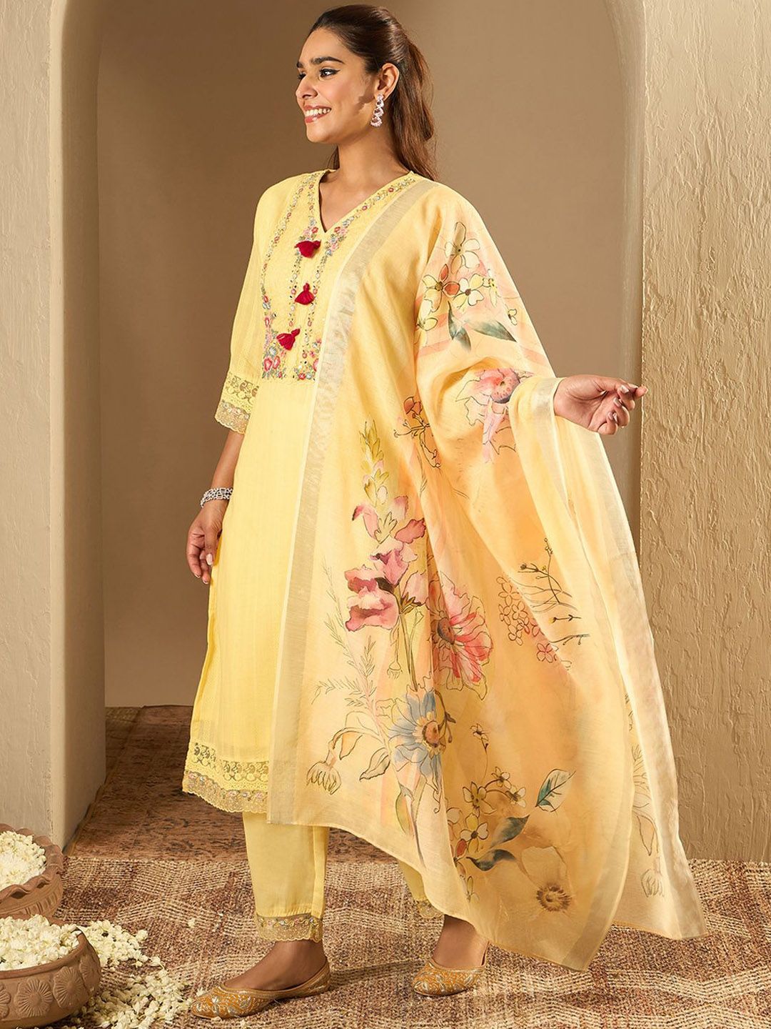 Indo Era Floral Embroidered Thread Work Pure Cotton Straight Kurta With Trousers & Dupatta
