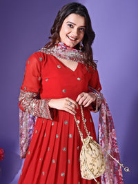 KALINI Floral Embroidered Georgette Maxi Ethnic Dress With Dupatta