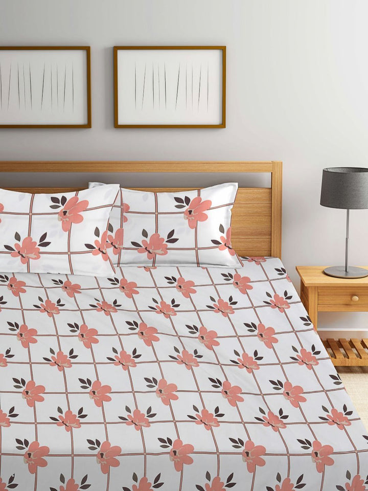 Myntra Elegant Homes White Floral Polycotton 300 TC Fitted King Fine Bedsheet with 2 Pillow Covers-98 x 89 inches