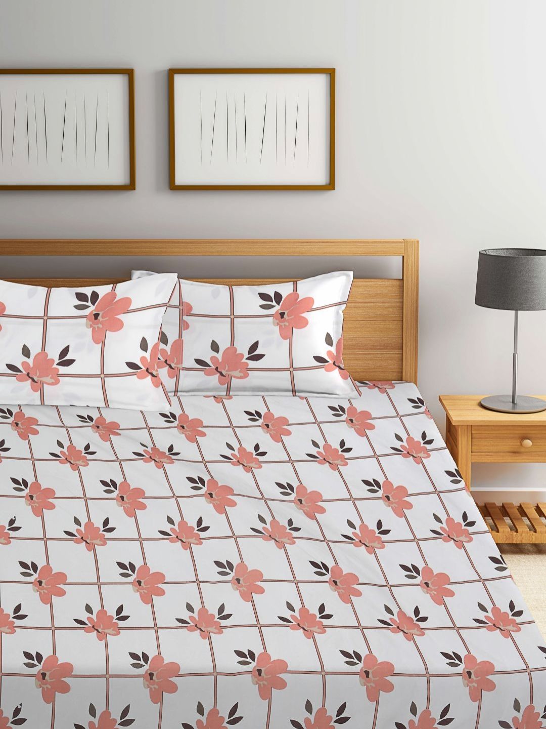 Myntra Elegant Homes White Floral Polycotton 300 TC Fitted King Fine Bedsheet with 2 Pillow Covers-98 x 89 inches