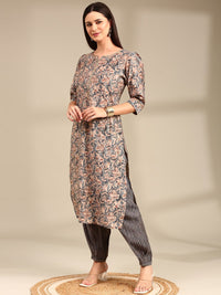 Anouk Grey Floral Printed Gotta Patti Straight Kurta With Trouser
