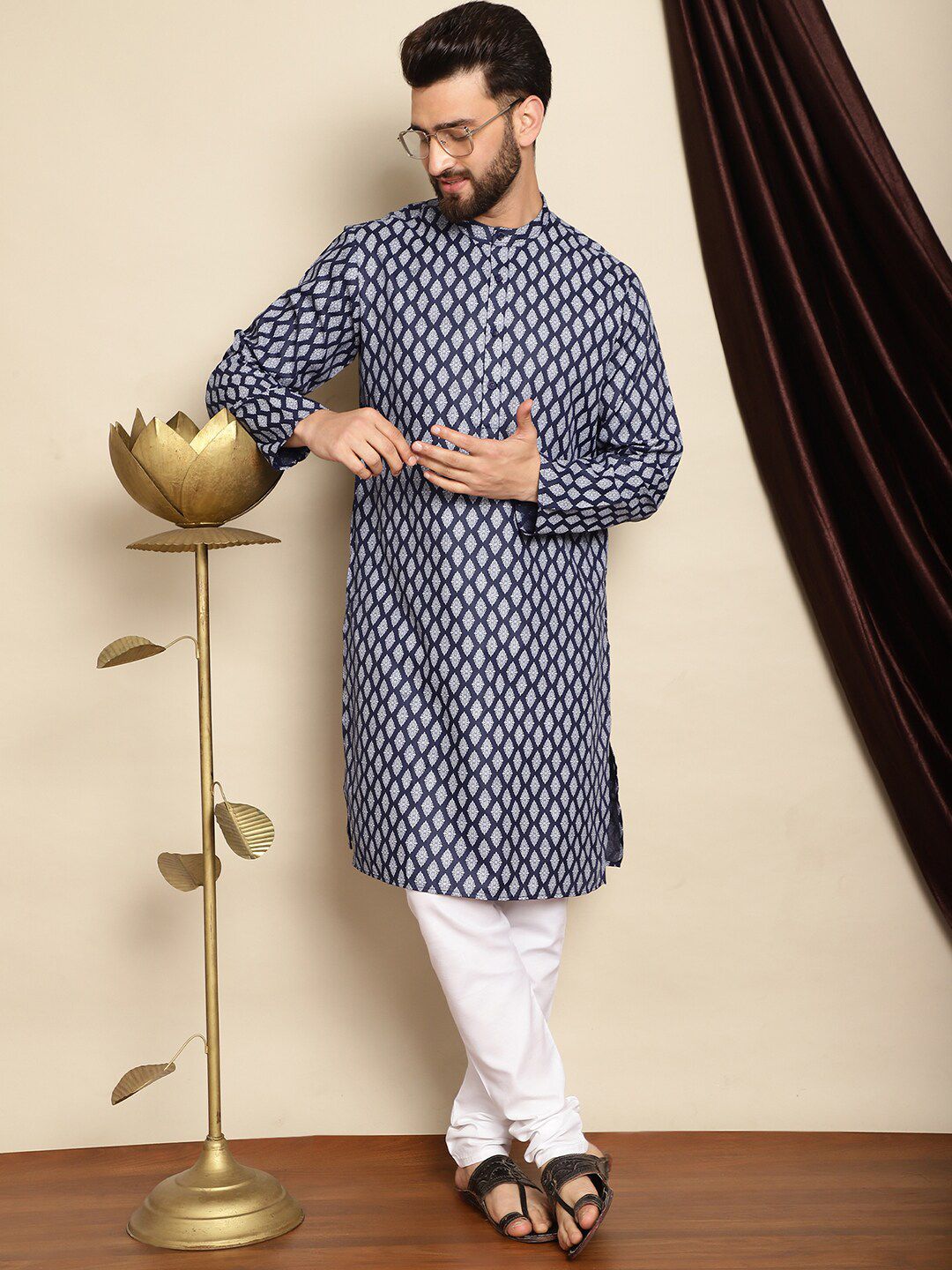 Anouk Navy Blue Bandhani Printed Mandarin Collar Straight Kurta With Churidar