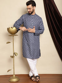 Anouk Navy Blue Bandhani Printed Mandarin Collar Straight Kurta With Churidar