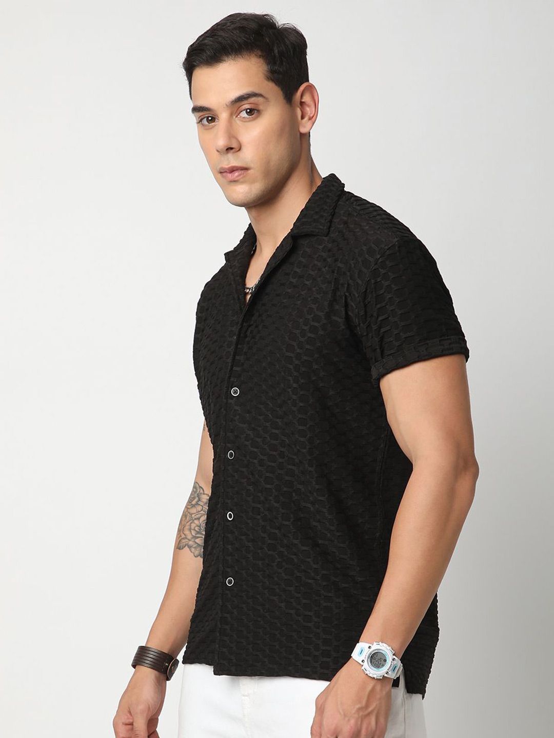 VASTRADO Men Classic Cuban Collar Textured Casual Shirt