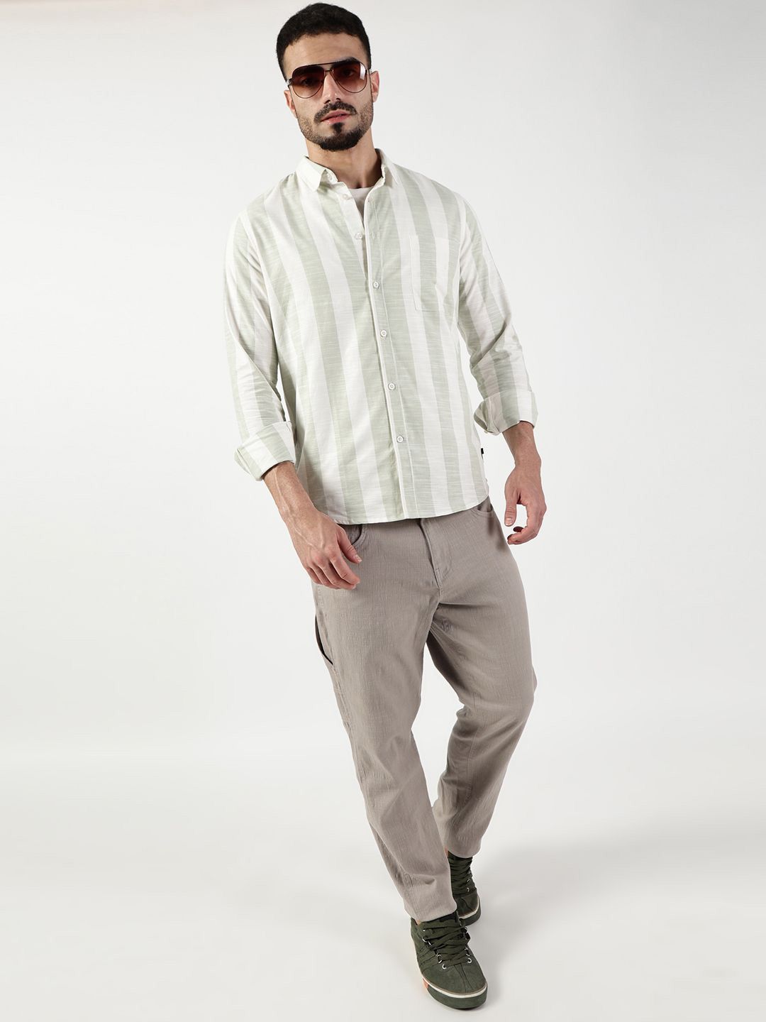 Thomas Scott Men Premium Spread Collar Vertical Striped Cotton Slim Fit Casual Shirt