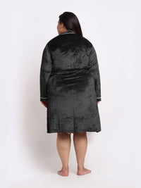 KLOTTHE Plus Size Black Woollen Long Sleeves Bath Robe With Belt