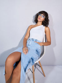 SASSAFRAS Denim High Rise Box Pocket Pencil Midi Skirts