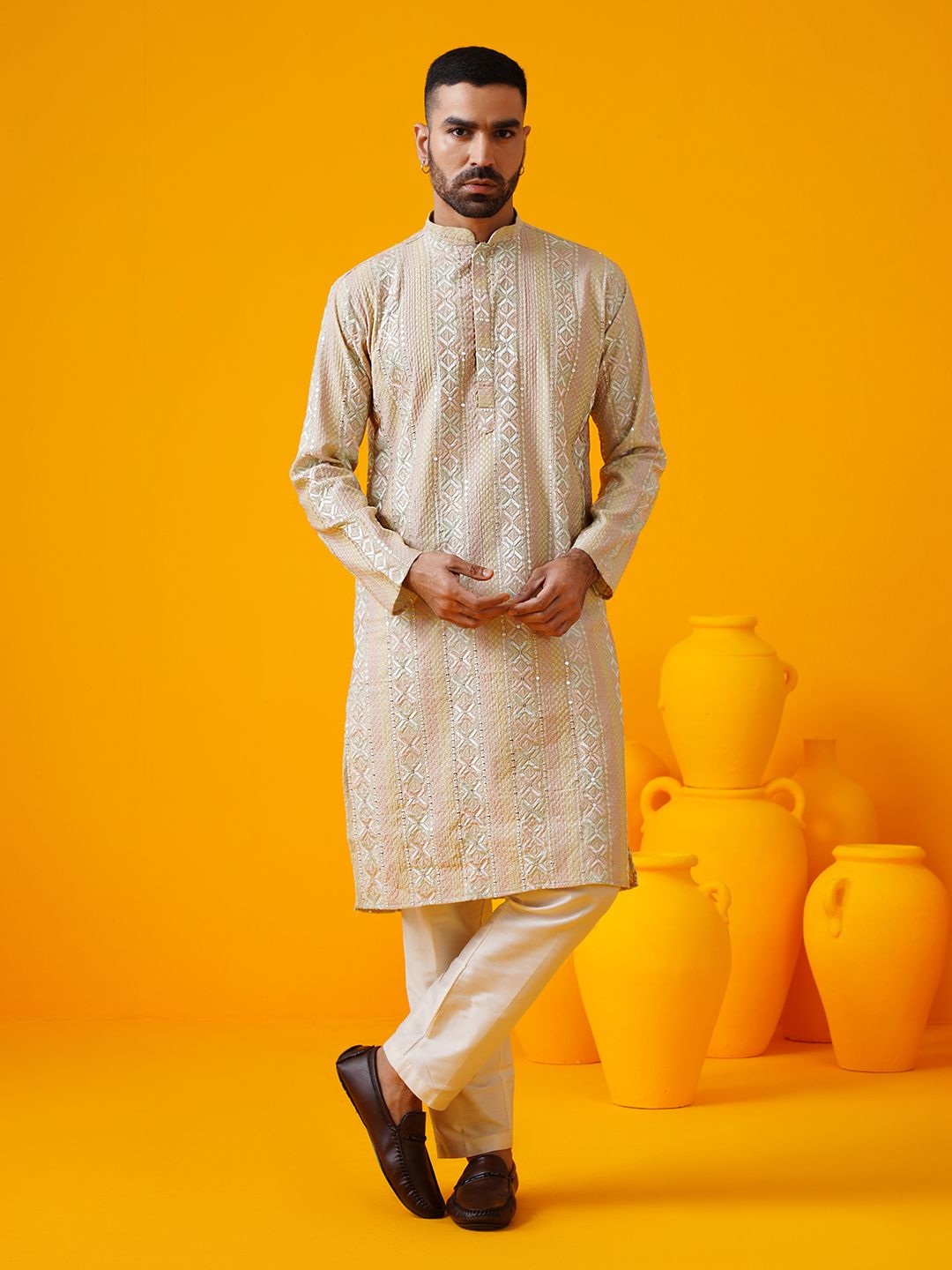 SOJANYA LUXE Ethnic Motifs Embroidered Mandarin Collar Straight Kurta With Trouser