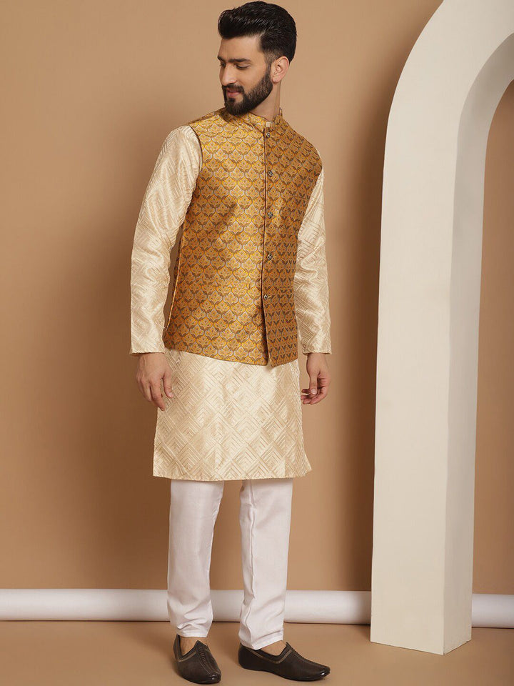 Anouk Men Geometric Embroidered Thread Work Straight Kurta With Churidar & Nehru Jacket